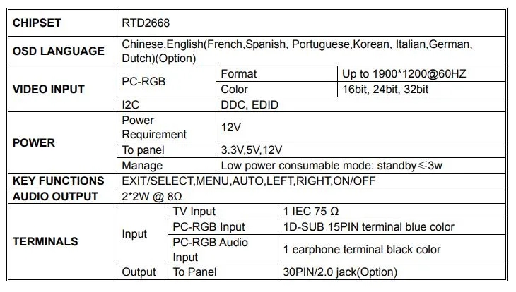 Rtd 2668 Video Multiple LCD Display Controller Board with 12V DC in